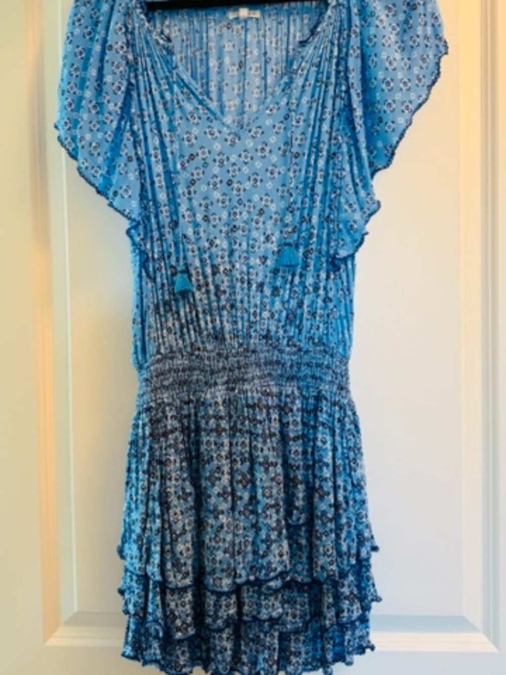 POUPETTE ST. BARTH Blue print Clara ruffle mini dress/flutter sleeves SMALL